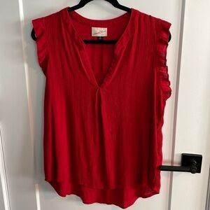Red Flowy Sleeveless Blouse V Neck EUC